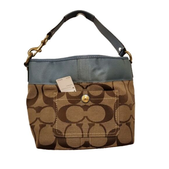 Coach Khaki Blue Signature Shoulder Bag Dust Bag - Picture 1 of 7